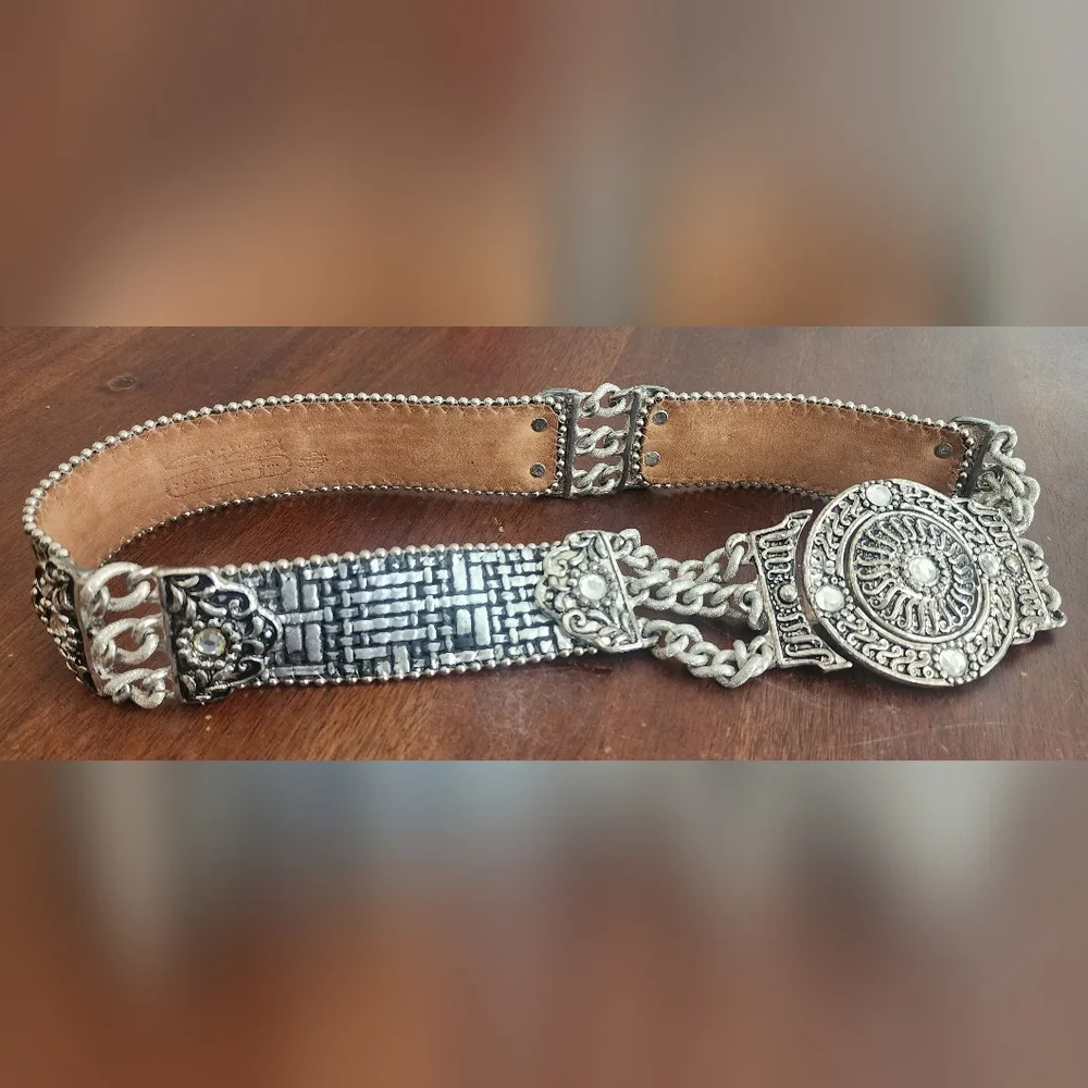Vintage BB Simon Silver Metal And Leather‎ Belt Crystals And Chains
